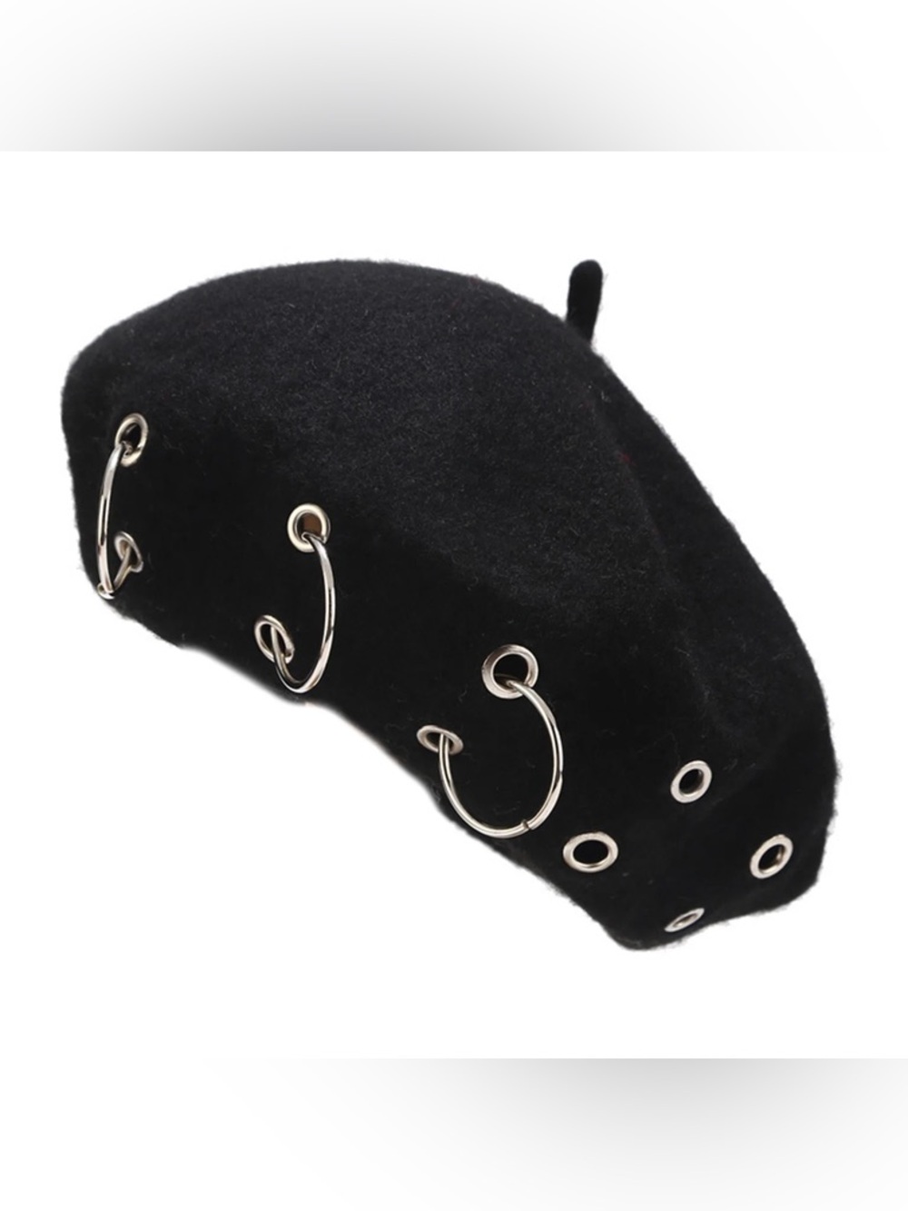 Pierced Black O Ring & Eyelet Beret Hat